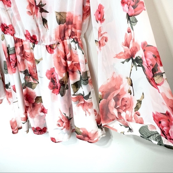 Show Me Your Mumu Roses Floral Pink Red White Dress Large Bell Sleeves Large - Picture 3 of 15
